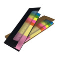 A ruler-shaped sticky note pad in vibrant colours, featuring a ruler design and a logo, with a black cover.