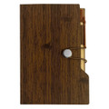 A brown sticky note pad with a wood grain design, secured with an elastic band and featuring a pen holder.