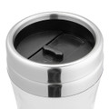 A travel mug with a shiny silver exterior and a black lid featuring a sliding closure.