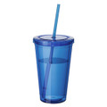A drink bottle in bright blue featuring a lid and straw, designed for beverages.