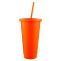 An orange plastic tumbler with a matching straw, featuring a lid and a simple design.