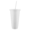 A drink tumbler in solid white with a lid and straw, featuring a logo on the surface.