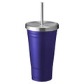 A drink bottle featuring a dark purple body and a stainless steel lid with a straw. It has a logo visible.