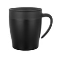 A coffee mug in matte black, featuring a curved handle and a smooth surface. It has a lid and a simple design.