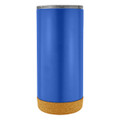 A travel mug in blue with a cork base and a silver lid, featuring a simple design and logo.
