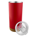 A travel mug in red with a cork bottom and a clear, removable lid. It features a logo.