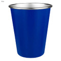 A drink bottle in blue with a metallic silver rim, featuring a logo on its surface.