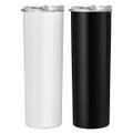 Two cylindrical mugs in black and white, featuring transparent lids, with a logo on each.