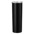 A black coffee mug with a clear lid and a sleek, vertical design, featuring a logo.