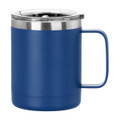 A travel mug in deep blue, featuring a stainless steel lid and a sturdy handle. It includes a branding logo.