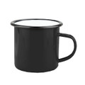 A black enamel camper mug with a white interior and a sturdy handle. It features a simple design and has branding.