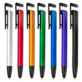 A collection of seven stylus pens in silver, red, orange, green, blue, purple, and black, each with a clip and rubber tip.