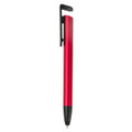 A red stylus pen with a black clip and tip, featuring a sleek design and a logo.