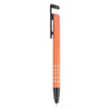 An orange metal stylus pen with a black clip and three silver rings near the tip.