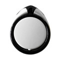 A black and white phone stand shaped like a droplet, featuring a smooth surface and a logo.