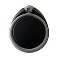 A black and grey phone stand with a round base and a unique design, featuring a logo.