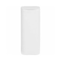 A white flip top mint tin with a smooth surface and rounded edges, featuring a logo.