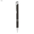 A black metal pen with a silver clip and accents. It features a sleek and modern design.