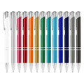 A collection of metal pens in various colours, including blue, green, red, and silver, with a shiny finish.