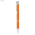 A shiny orange metal pen with silver accents and a clip, featuring a sleek design and branding.