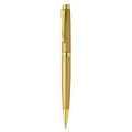A metal pen in gold with gold accents and a clip. It features a sleek, elegant design.