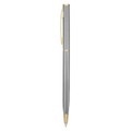 A metal pen in a sleek silver finish with gold accents. The pen has a clip and a logo displayed.