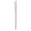 A metal pen in white with gold accents, featuring a clip and a sleek design. Includes branding on the pen.