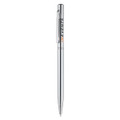 A metal pen with a sleek silver design and a logo on the side.