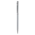 A metal pen in sleek silver, featuring a clip and smooth design, with a branding logo on the barrel.