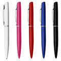 A collection of metal pens in white, pink, red, blue, and black, featuring a sleek design and a branding logo.