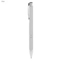 A silver metal pen with a sleek design and a clip, featuring a branding logo.
