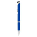 A blue rubberised metal pen with a silver clip and accents. The pen features a modern design and has a logo.