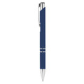 A navy blue metal pen with a rubberised grip and a silver clip, featuring a logo on the body.