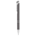 A metal pen in grey with a silver clip and detailing. It features a smooth rubberised grip and a logo.