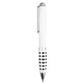 A white metal pen with a dotted black grip and a silver clip. The pen features a sleek design and includes a logo.