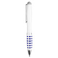 A white metal pen with a blue dotted grip and a silver clip, featuring a logo on the barrel.