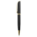 A black metal pen with gold accents and a clip, featuring a sleek and elegant design.