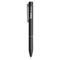 A sleek black metal pen featuring a clip and a logo on the side. Ideal for writing tasks.