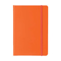 An orange A5 PU notebook with a pink elastic band closure and a smooth finish. It features a logo on the cover.