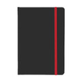 A5 PU notebook in black with a red elastic band closure, featuring a logo on the cover.