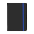 A5 PU notebook in black with a blue elastic band. Features a smooth cover and includes a logo.