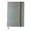 A5 textured PU notebook in grey with a black elastic closure band and a pen holder. Features branding logo.