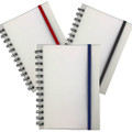 A collection of Launa B6 PP Notebooks featuring red, blue, and grey elastic bands and spiral bindings.