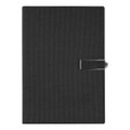 A black Century Notebook with a textured surface and a clasp closure. It features a logo on the cover.