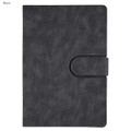 A black notebook with a textured cover and a clasp closure. It features a simple design and a logo.