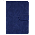 A navy blue notebook with a textured cover and a clasp closure. It features a logo on the front.