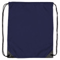A navy nylon backsack with black corners and drawstring closures, featuring a simple design and a logo.