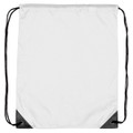A drawstring bag in white with black accents, featuring a simple design and a logo at the bottom.