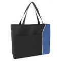 A nylon shopper tote bag in black with a blue accent and a front pocket, featuring dual handles and branding.