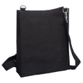 A black nylon library bag with a shoulder strap and a silver clip, featuring a simple design.